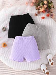SHEIN Young Girl 3pcs Lettuce Trim Ribbed Knit Shorts - Multicolor - View 2