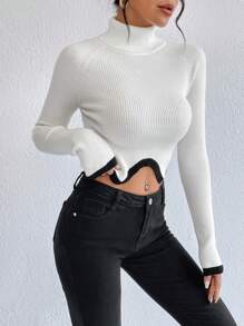 SHEIN Essnce Áo cao cổ Tay Raglan Viền không đối xứng Áo len Crop - trắng - Xem 5