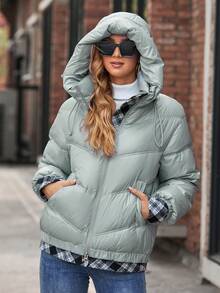 GASMAN Áo khoác có mũ trùm đầu in họa tiết kẻ caro có dây rút và khóa kéo - Màu xanh Bạc hà - Xem 5