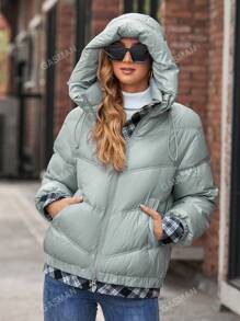 GASMAN Plaid Print Drawstring Zipper Hooded Padded Coat