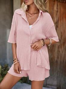 SHEIN LUNE Solid Drop Shoulder Shirt & Shorts - Baby Pink - View 4