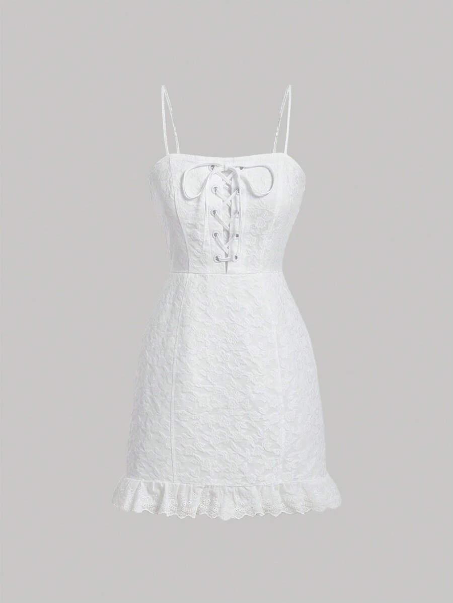 SHEIN MOD Vestido de tirantes con cordón delantero bajo con fruncido jacquard - Blanco - Ver 1