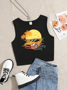 青少年女孩汽車和標語圖案背心上衣 - 黑色 - 查看 1