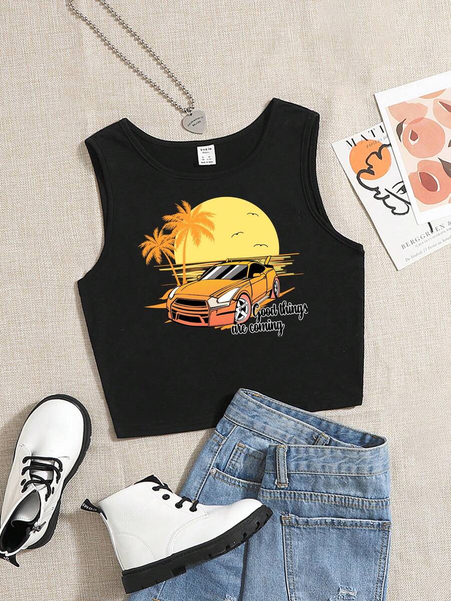 青少年女孩汽車和標語圖案背心上衣 - 黑色 - 查看 1