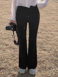 女式纯色抽绳高腰喇叭裤 - 黑色 - 查看 3