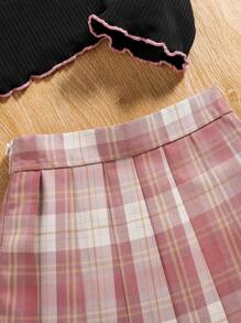 SHEIN Tween Girl Bear Print Lettuce Trim Tee & Plaid Pleated Skirt - Black - View 5
