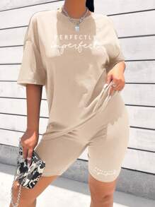SHEIN LUNE Letter Graphic Drop Shoulder Tee & Biker Shorts - Khaki - View 1