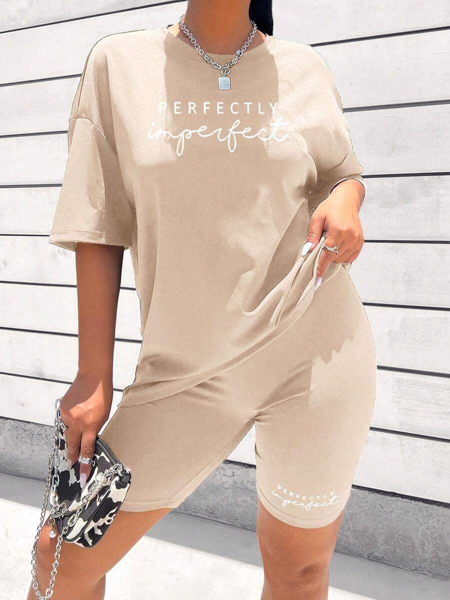 SHEIN LUNE Letter Graphic Drop Shoulder Tee & Biker Shorts - Khaki - View 1