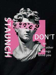 SHEIN Essnce 雕塑和標語圖案T恤 - 黑色 - 查看 3