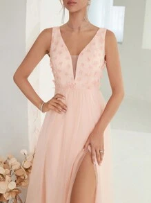 Contrast Sequin Mesh Bridesmaid Dress - Pink - View 6