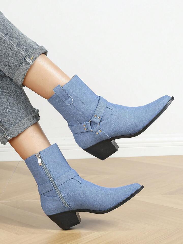 Fashionable And Comfortable Side Zipper Denim Pointed Toe Chunky Heel Women s Short Boots SHEIN