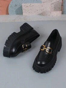 Women's Spring/Autumn New Thick-Soled Loafers, Fashion Minimalist Solid Color Round Toe Black Flat Shoes, Buckle Small Leather Shoes, Comfortable Platform Shoes, British Style Slip-On Shoes, Soft Bottom Work Shoes, Student Shoes - Black - View 2