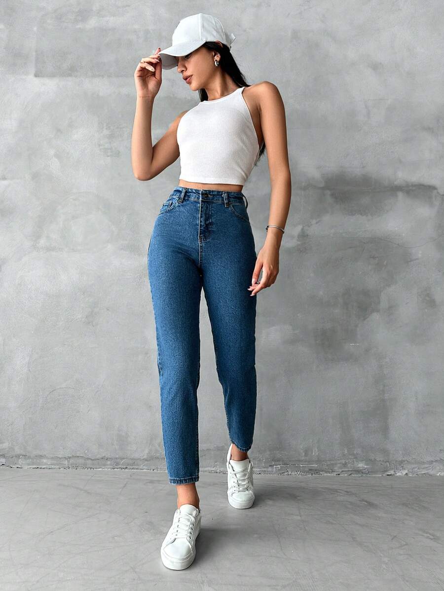RueChic High Waist Mom Fit Jeans - Medium Wash - View 1