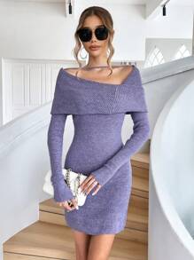 SHEIN Privé Foldover Off Shoulder Bodycon Sweater Dress - Purple - View 3