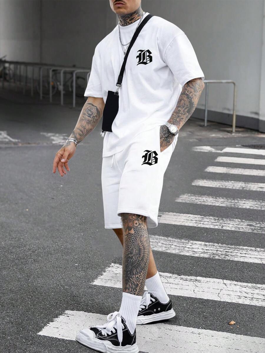 Manfinity Homme Men Letter Graphic Tee & Shorts - White - View 1