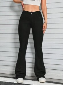 SHEIN EZwear Solid Flare Leg Jeans - Black - View 2