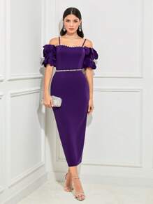 Modelyn Cold Shoulder Scallop Edge Split Back Bodycon Dress Without Belt - Violet Purple - View 3