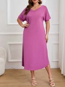 SHEIN Essnce 大碼素色V領開衩袖洋裝 - 紫色 - 查看 6