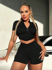 SHEIN SXY Summer Zip Up Crop Tee & Biker Shorts - Black - View 6