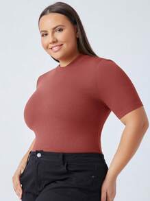 SHEIN BASICS 大碼素色合身T恤 - 紅木色 - 查看 6