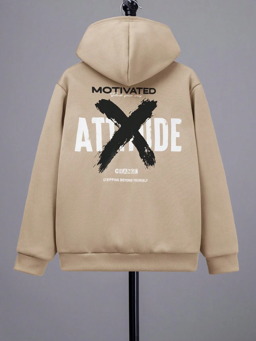 SHEIN Tween Boy Slogan Graphic Thermal Lined Hoodie,In Fall/Winter - Khaki - View 1