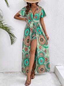 SHEIN VCAY 曼陀羅印花深V領連身褲 - 彩色 - 查看 6