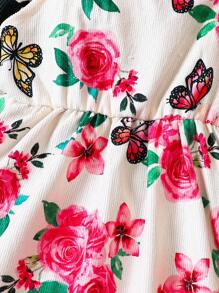 Bebé niña Camiseta unicolor & con estampado floral ribete con fruncido Vestido overol - Multicolor - Ver 8