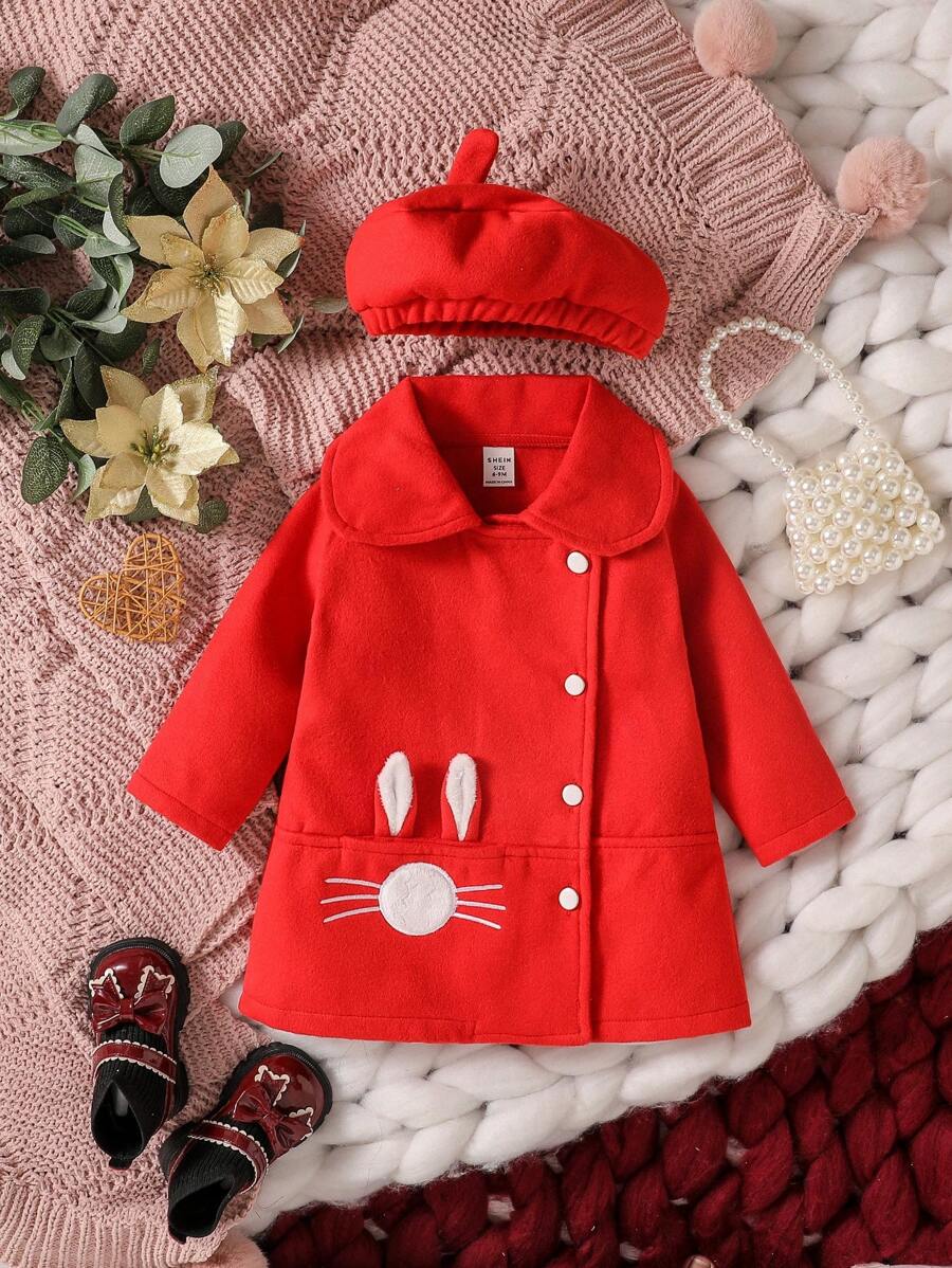 Đứa bé gái Thêu Hoạt hình Cổ tròn áo & Mũ - Đỏ - Xem 1