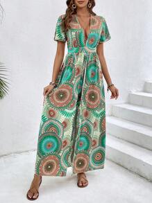 SHEIN VCAY 曼陀羅印花深V領連身褲 - 彩色 - 查看 3