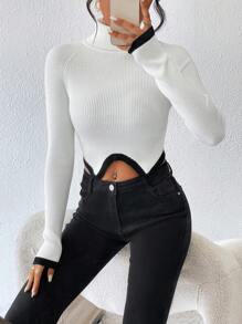 SHEIN Essnce Áo cao cổ Tay Raglan Viền không đối xứng Áo len Crop - trắng - Xem 4