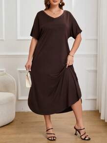 SHEIN Essnce Plus Solid Hidden Pocket Split Hem Dress - Coffee Brown - View 3