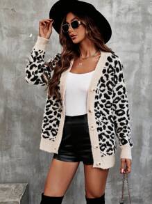 EMERY ROSE Leopard Pattern Drop Shoulder Cardigan,Long Sleeve Tops Fall Winter Cloth For Women - Camel - View 6