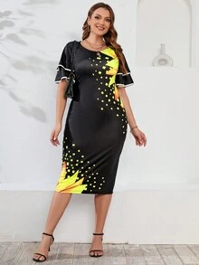 SHEIN Clasi Plus Geo Print Butterfly Sleeve Bodycon Dress - Black - View 3