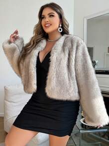 SHEIN BAE Áo khoác lông giả Ombre thời trang cỡ lớn, mùa thu/đông - Màu Khaki - Xem 4