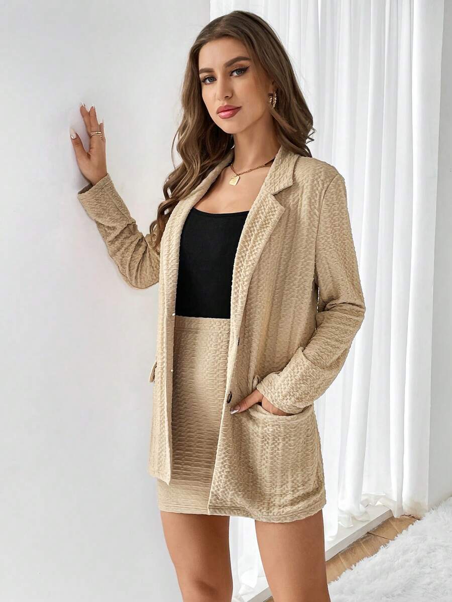 SHEIN Essnce Lapel Neck Blazer & Bodycon Skirt - Khaki - View 1