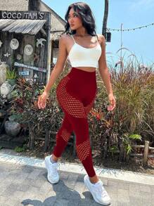 Hollow Out Wideband Waist Sports Leggings - Burgundy - View 2