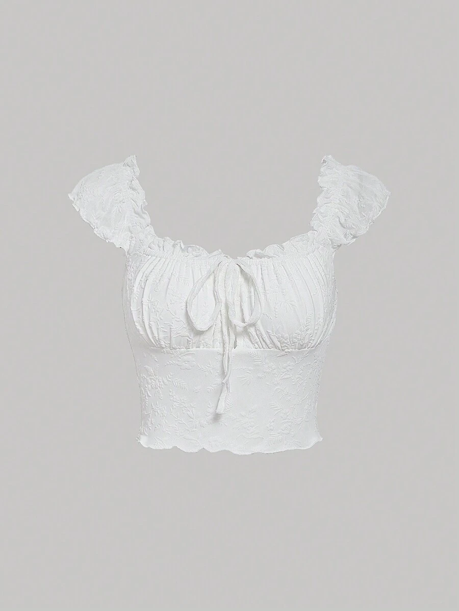 SHEIN MOD Tie Front Frill Trim Ruched Bust Crop Tee - White - View 1