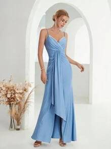 Draped Split Thigh Bridesmaid Dress - Dusty Blue - View 4
