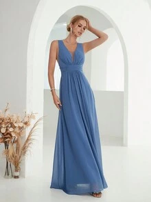 Váy phù dâu Tương phản Mesh màu trơn - Màu xanh bụi bặm - Xem 3