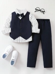SHEIN Chàng trai trẻ Sọc Nơ mặt trước 2 trong1 Áo sơ mi & Quần - Xanh và trắng - Xem 1