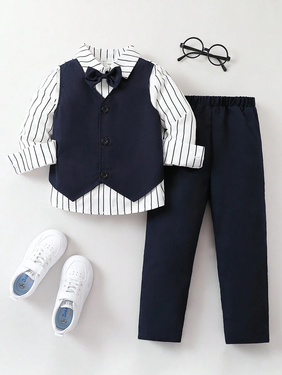 SHEIN Chàng trai trẻ Sọc Nơ mặt trước 2 trong1 Áo sơ mi & Quần - Xanh và trắng - Xem 1