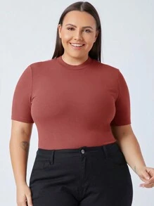 SHEIN BASICS 大碼素色合身T恤 - 紅木色 - 查看 4