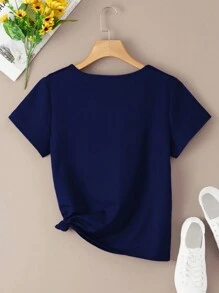 INAWLY Heart Embroidery Tee Graphic Tees Women Tops - Navy Blue - View 2