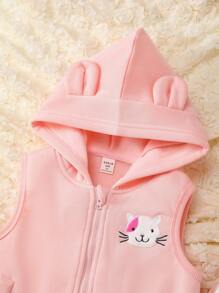 SHEIN Young Girl Embroidery Cartoon Pattern Raglan Sleeve Pullover & Sweatpants & 3D Ear Design Thermal Lined Hooded Jacket
