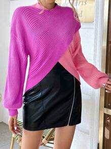 SHEIN Essnce Áo len chéo vai hai tông màu viền bất đối xứng - Nhiều màu - Xem 1