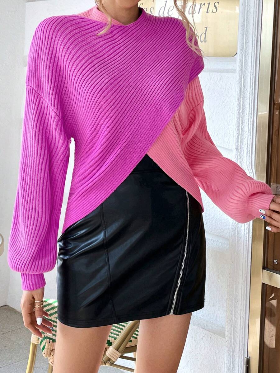 SHEIN Essnce Áo len chéo vai hai tông màu viền bất đối xứng - Nhiều màu - Xem 1