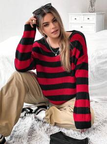 Flirla 大碼條紋圖案落肩袖套頭毛衣 - 彩色 - 查看 2
