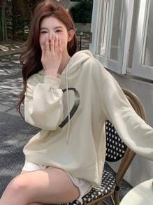 DAZY 愛心圖案落肩袖抽繩連帽衫 - 杏色 - 查看 1