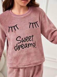 Tween Girl Cartoon & Letter Embroidery Flannel Top & Pants PJ Set - Rusty Rose - View 5