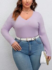 SHEIN Clasi 大碼素色V領T恤 - 紫色 - 查看 1